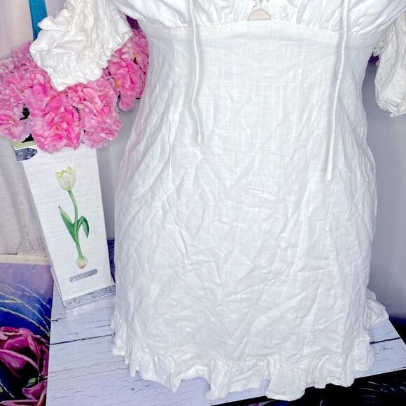 🌷 Cotton Candy LA🌷 White Linen Blend Babydoll Lace Up Dress - Picture 5 of 11